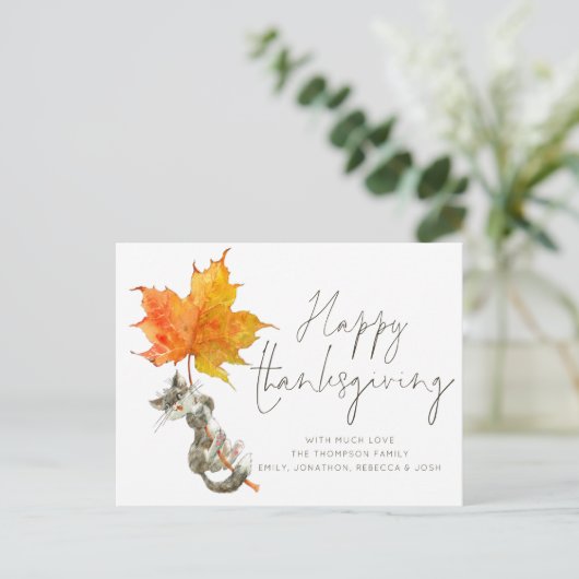Cute Cat Handwrite Script Happy Thanksgiving Briefkaart (Staand voorkant)