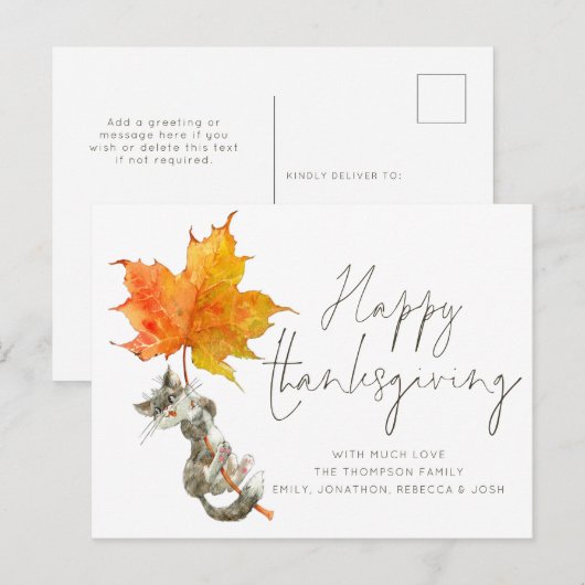 Cute Cat Handwrite Script Happy Thanksgiving Briefkaart (Voorkant / Achterkant)