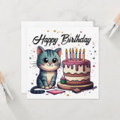Cute Cat Happy Birthday Kaart (Voorkant / Achterkant in situ)