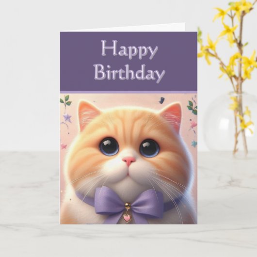 Cute Cat Happy Birthday Kaart (Gele Bloem)