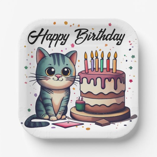 Cute Cat Happy Birthday Papieren Bordje (Voorkant)