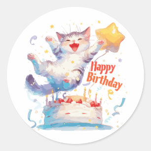 Cute Cat Happy Birthday Ronde Sticker