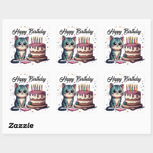 Cute Cat Happy Birthday Vierkante Sticker (Vel)