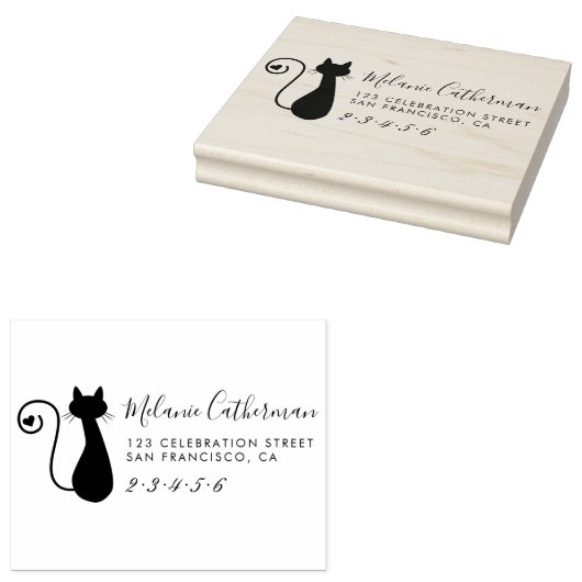 Cute Cat & Heart | Aangepast naam en retouradres Rubberstempel (Gestempeld)