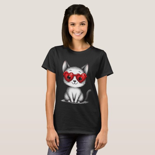 Cute Cat Heart Glasses Graphic T-Shirt (Voorkant volledig)