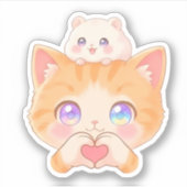 Cute Cat Heart Hands with Hamster on Head Sticker (Voorkant)