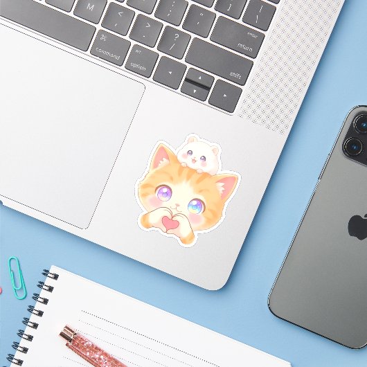 Cute Cat Heart Hands with Hamster on Head Sticker (Laptop met iPhone)
