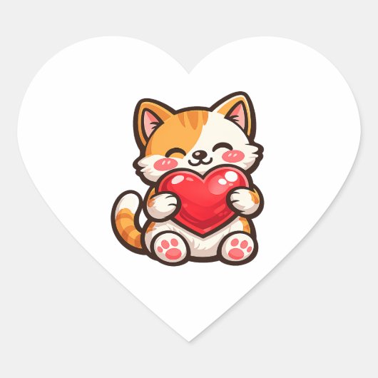 Cute Cat Heart – Kawaii Cat Hugging Red Heart, Cut Hart Sticker (Voorkant)
