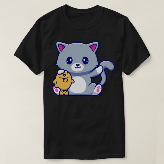Cute Cat Holding Fish T-shirt (Design voorkant)