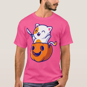 Cute Cat Holding Knife in pomkin Helloween Cartoo T-shirt