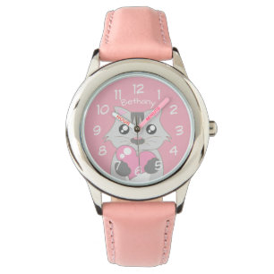 Cute Cat Holding roze hart gepersonaliseerd Horloge