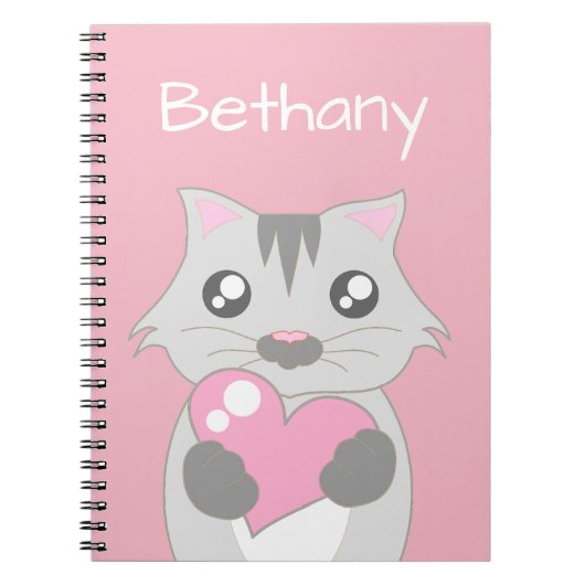Cute Cat Holding roze hart gepersonaliseerd Notitieboek (Voorkant)