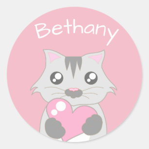 Cute Cat Holding roze hart gepersonaliseerd Ronde Sticker