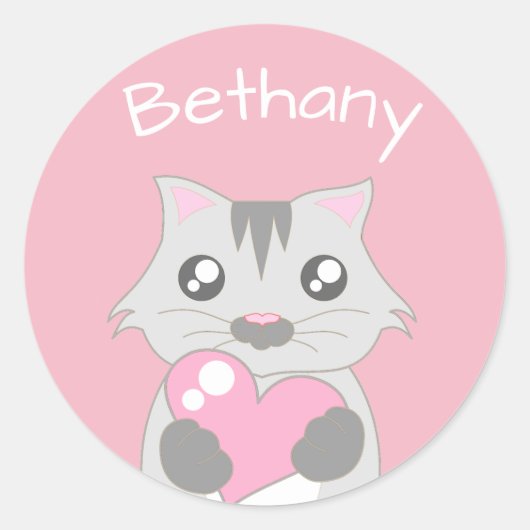 Cute Cat Holding roze hart gepersonaliseerd Ronde Sticker (Voorkant)