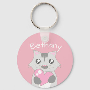 Cute Cat Holding roze hart gepersonaliseerd Sleutelhanger