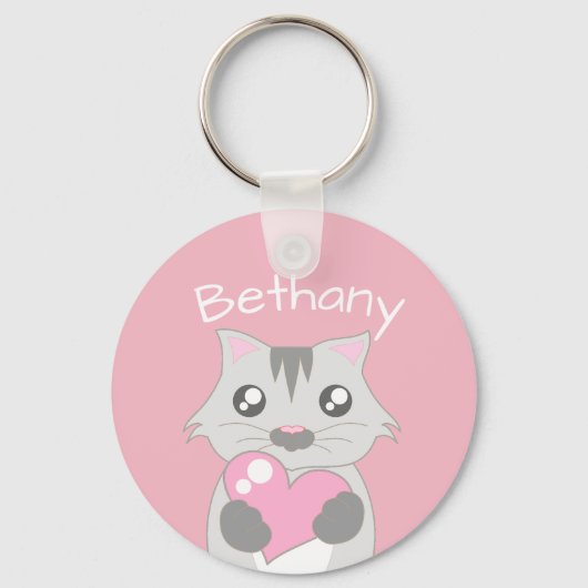 Cute Cat Holding roze hart gepersonaliseerd Sleutelhanger (Voorkant)