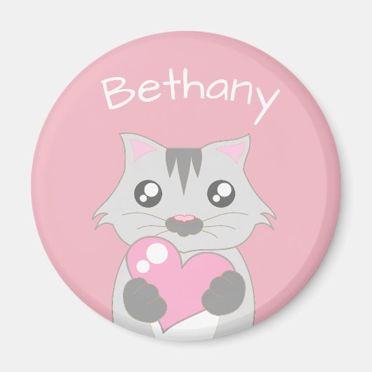 Cute Cat Holding roze hart Magneet (Voorkant)