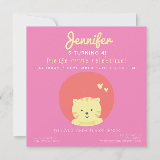 Cute Cat - Hot Pink Kids Birthday Party Uitnodigin Kaart (Voorkant)