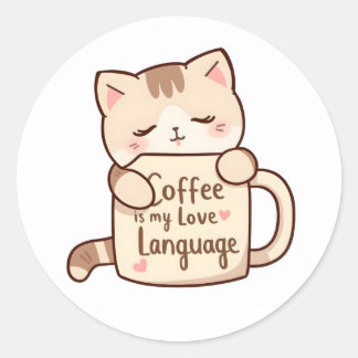 Cute Cat Hug Coffee Love Language Ronde Sticker