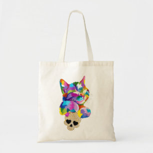 Cute Cat Hug Skull for kitten lovers Colorful Art Tote Bag