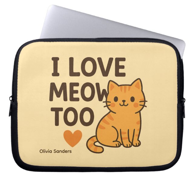 Cute Cat “I LOVE MEOW TOO” Laptop Sleeve (Voorkant)