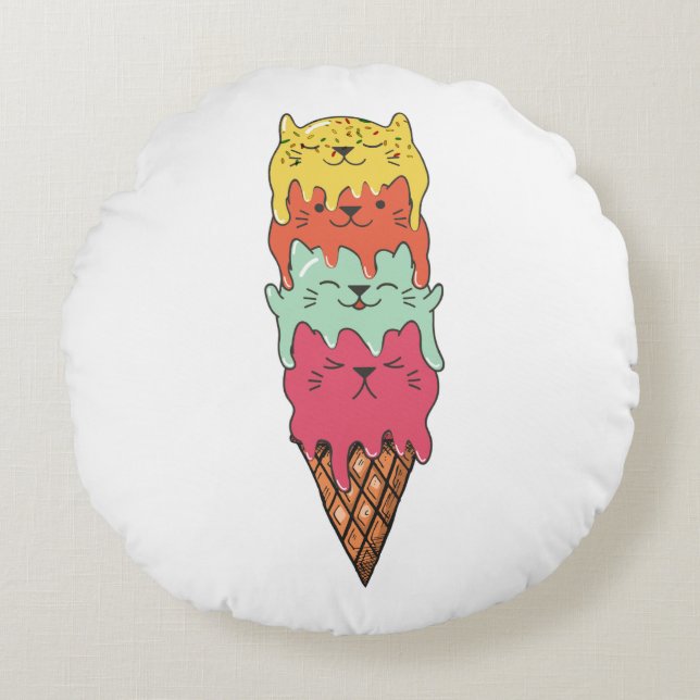 Cute Cat Ice Cream | Kawaii Kittens Rond Kussen (Voorkant)