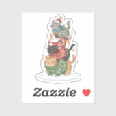 Cute Cat Illustration Art, Kawaii Cat Stack Design Sticker (Vel)