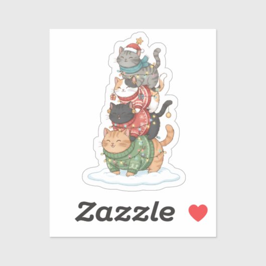 Cute Cat Illustration Art, Kawaii Cat Stack Design Sticker (Vel)