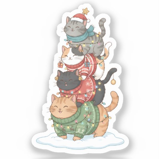 Cute Cat Illustration Art, Kawaii Cat Stack Design Sticker (Voorkant)