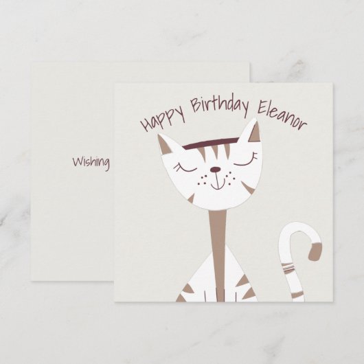 Cute Cat Illustration Name Happy Birthday card (Voorkant / Achterkant)