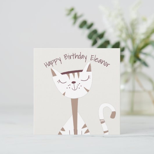 Cute Cat Illustration Name Happy Birthday card (Staand voorkant)