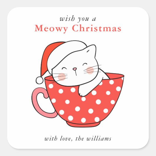 Cute Cat Illustration Red & White Meowy Christmas Vierkante Sticker (Voorkant)