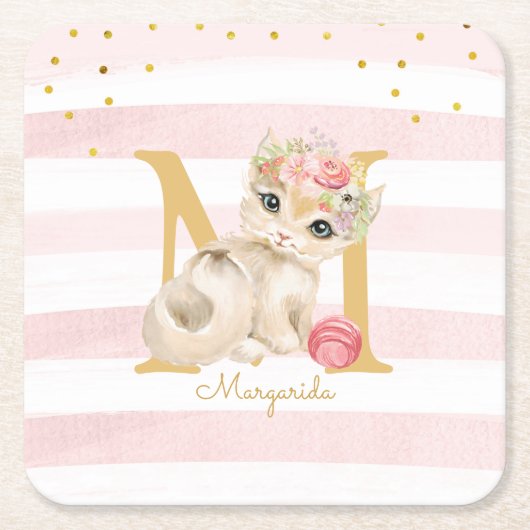 Cute Cat Illustration White roze Stripes Girl Kind Kartonnen Onderzetters (Voorkant)
