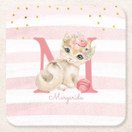 Cute Cat Illustration White roze Stripes Girl Kind Kartonnen Onderzetters