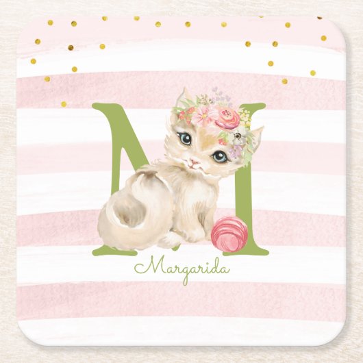Cute Cat Illustration White roze Stripes Girl Kind Kartonnen Onderzetters (Voorkant)