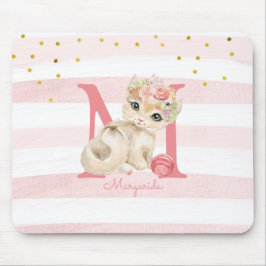 Cute Cat Illustration White roze Stripes Kinder Gi Muismat