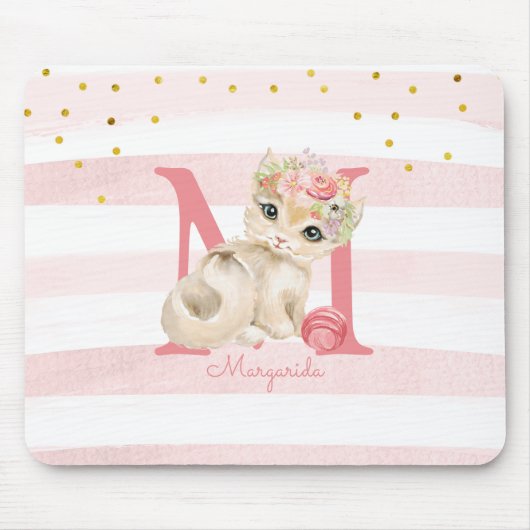 Cute Cat Illustration White roze Stripes Kinder Gi Muismat (Voorkant)