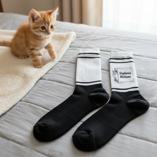 Cute Cat in a Paper Bag Crew Socks with Name Sokken