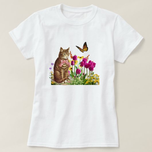 Cute Cat in de ventilatortuin met vlinder T-shirt (Design voorkant)