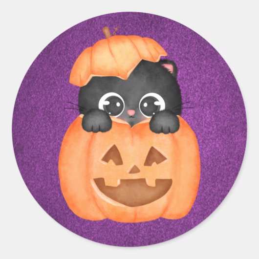 Cute Cat in een pompoen Paarse Halloween Ronde Sticker (Voorkant)