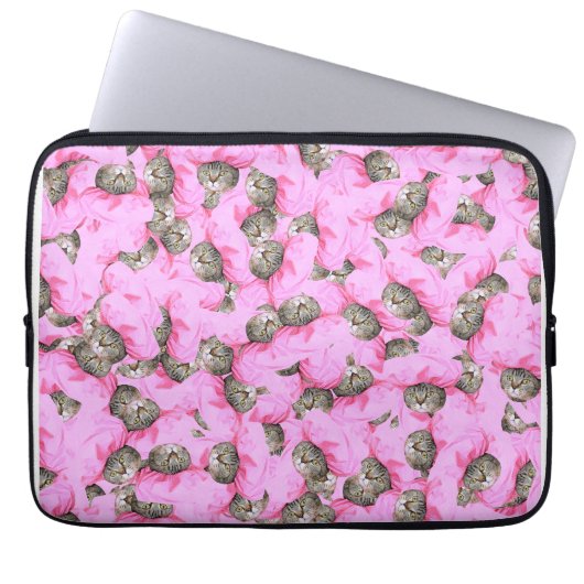 Cute Cat in een roze Pet Patroon Random Laptop Sleeve (Voorkant)
