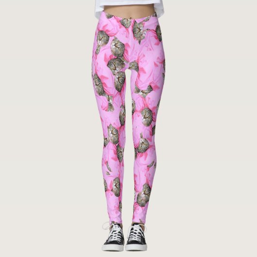 Cute Cat in een roze Pet Patroon Random Leggings (Voorkant)
