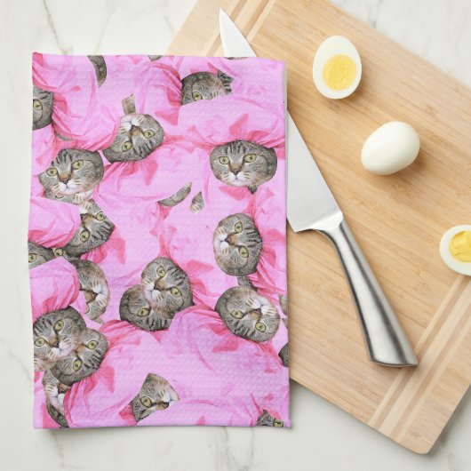 Cute Cat in een roze Pet Patroon Random Theedoek (Quarter Fold)
