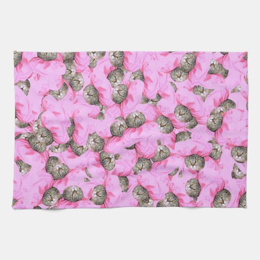 Cute Cat in een roze Pet Patroon Random Theedoek (Horizontaal)