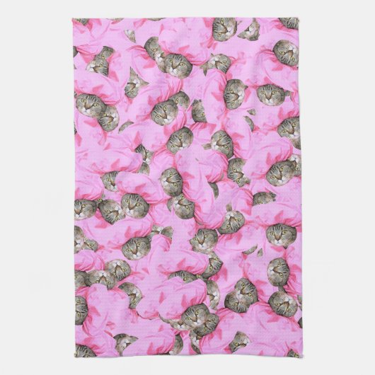 Cute Cat in een roze Pet Patroon Random Theedoek (Verticaal)