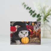 Cute Cat in Funny Halloween Costume  Feestdagenkaart (Staand voorkant)