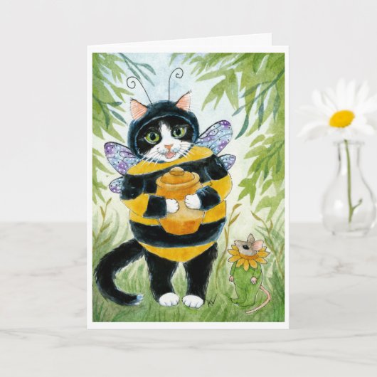 Cute Cat in Honey Bee Costume Card Kaart (Kleine Plant)