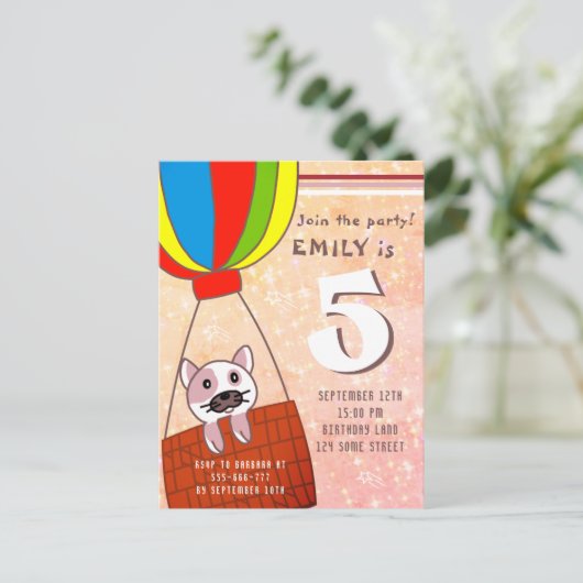 Cute Cat in Hot Air ballon Glitter Girl Birthday Uitnodiging Briefkaart (Staand voorkant)