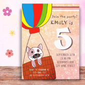Cute Cat in Hot Air ballon Glitter Girl Birthday Uitnodiging Briefkaart