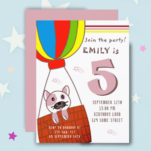 Cute Cat in Hot Air Balloon Girl Birthday Uitnodiging Briefkaart